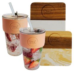 GIANT GOODS Salmon Pink 17oz Glass Tumbler 2pk. 2 Free Marble & Wood Coasters