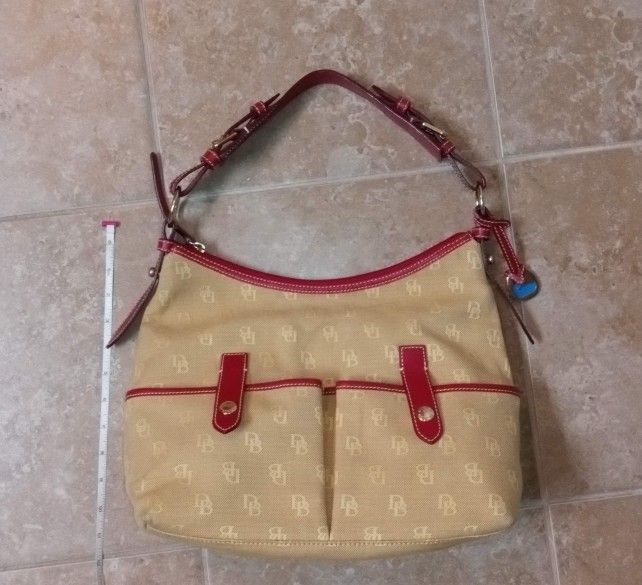 Dooney & Bourke Monogram Tan Canvas - Red Leather Trim Shoulder Bag