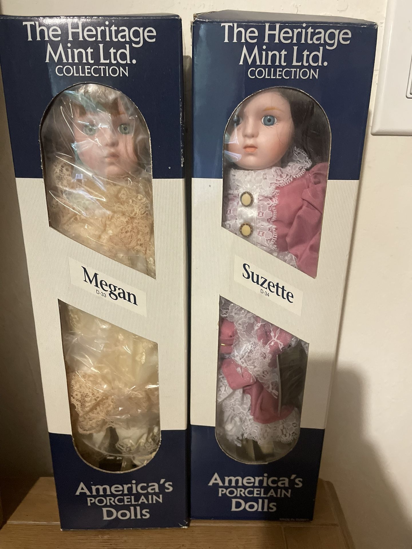 1989 Heritage Mint Ltd Collection America's Porcelain Dolls 16”, Megan & Suzette (not intended as a toy)
