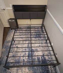Full Size Bed Frame with Shelf and Charging Station