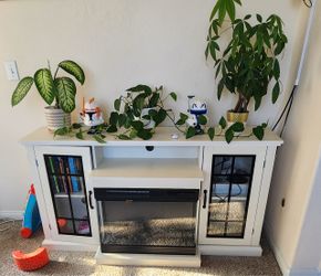 White Farmhouse TV Stand / Entertainment Center with Electric Fireplace Heater