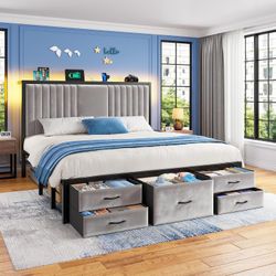 0966 King Bed Frame with 5 Storage Drawers & Storage Headboard, Upholstered Bed Frame with LED Lights & Charging Station, Premium Velvet Fabric,