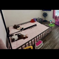 Double Twin Floor Bed With Fence, Guardrails 