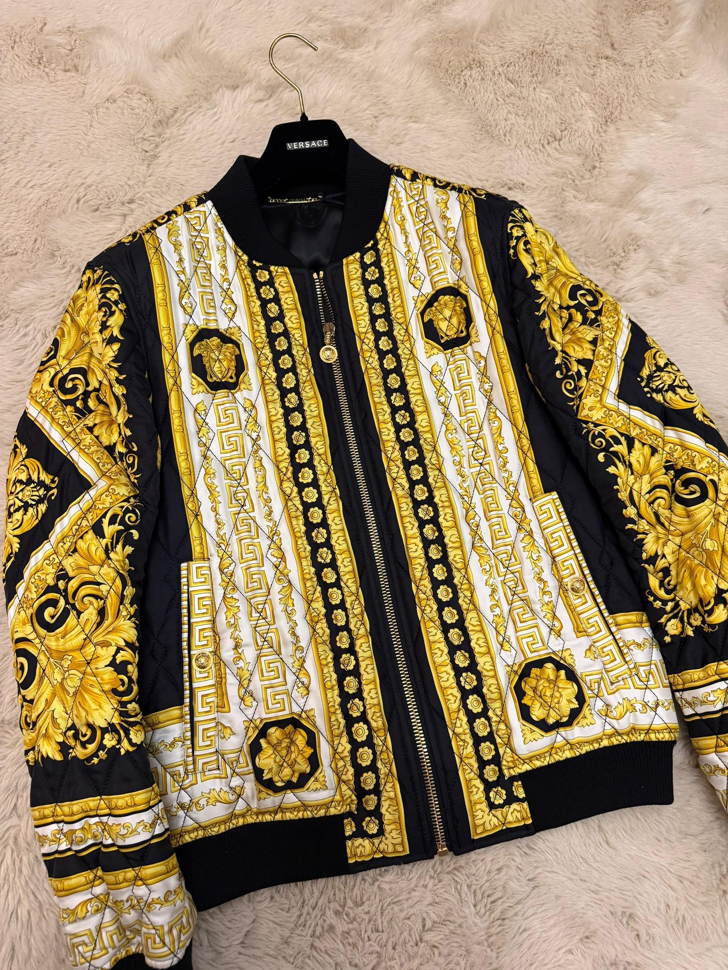 Gianni Versace Barocco Black White Yellow Quilted Bomber Jacket