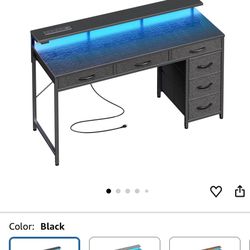Huuger Gaming Desk with 6 Drawers, Computer Desk with LED Lights Power Outlets and Type-C, 47 Inch Office Desk with Storage, Monitor Stand, Writing De