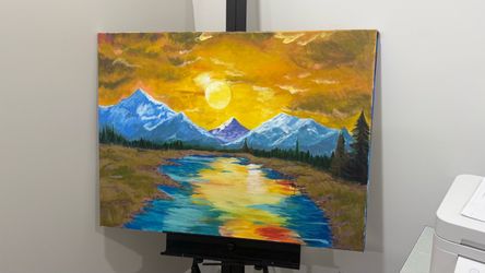 🏔️ Original Mountain Sunset Landscape Painting — Acrylic Art - 39” by 30”