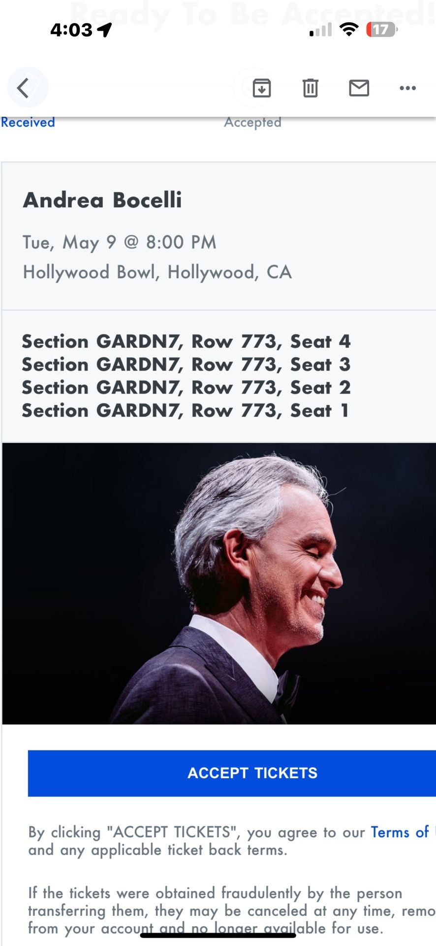 ANDREA BOCELLI @ THE HOLLYWOOD BOWL MAY 9TH 5/9