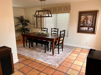 Four black ladder back chairs and bench – no table