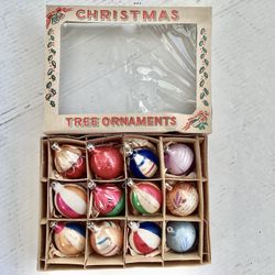 12 MCM Vintage Glass Hand-Painted Christmas Ornaments Teardrops + Rounds Mica @ Glitter Poland 