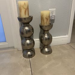2-Deco Pillar Candle Holder Silver