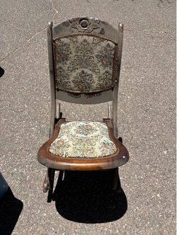 Antique Folding Tapestry Rocking Chair | Victorian Style Sewing Rocker