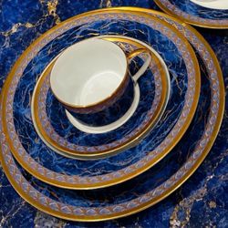 5pcs Christian Dior Azure Royale Fine Original Art Service 90s Vintage Porcelain REAL GOLD GILT Dinner and Salad Plate Soup Bowl Cup Saucer HILLCREST