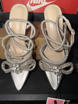 PrettyLittleThing  Women's Double Bow Pointed Toe Ankle Strap Crystal Pumps Wedding Bridal Party Stilettos Backless Heeled Sandals 