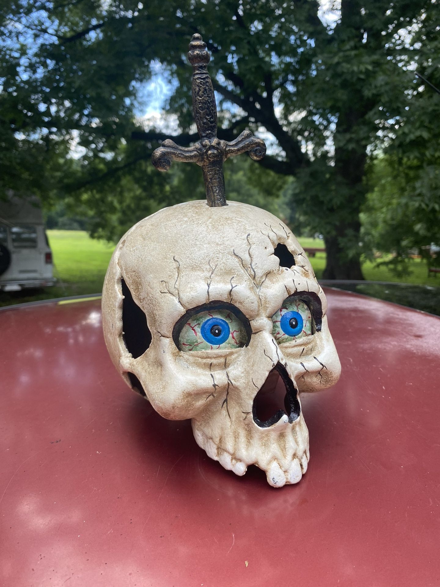 Vintage Large Cast Iron Skull w/ Dagger- Eyes Open & Close