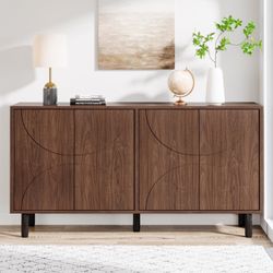 Sideboard Buffet Cabinet with Storage, 55" Mid-Century Modern Credenza Accent Storage Cabinet with 4 Doors and Adjustable Shelves for Dining Room, Kit