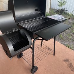 Black Charcoal Grill with Offset Smoker and Side Table Rare Grill For Sale 