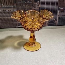 Vintage Fenton Glass Colonial Amber Thumbprint Ruffled Candy Compote Dish 6"