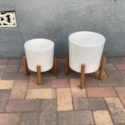 New 8 And 10 Inch Ceramic Planter Pot Set With Bamboo Wood Stand White Round - Maceta Ceramica Base Madera 