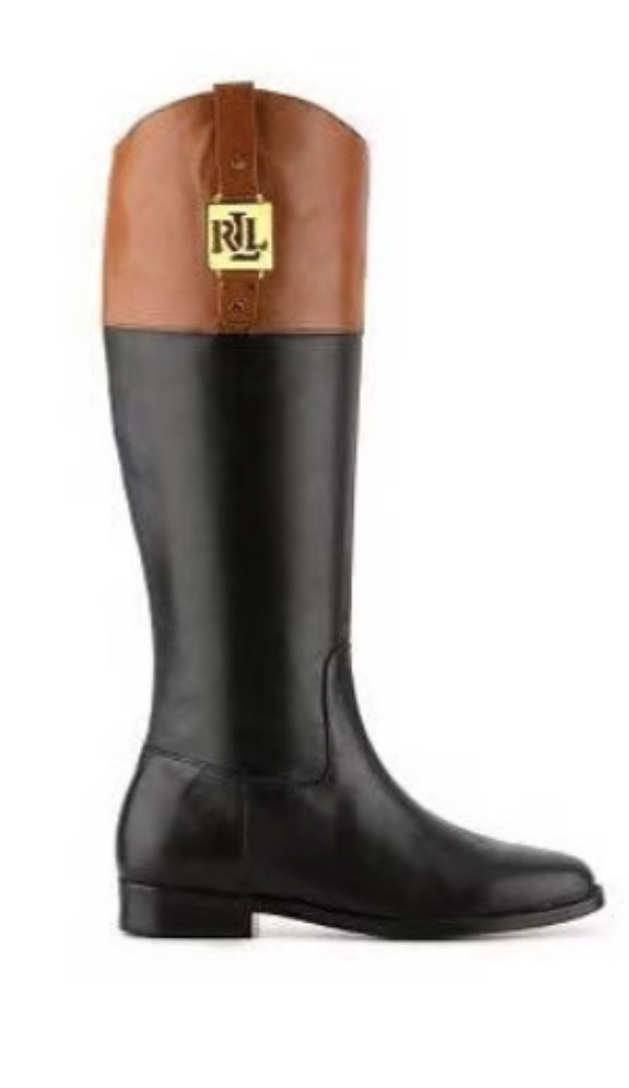 New! Ralph Lauren Jaden Black and Tan Riding Boot, Size 7,5B