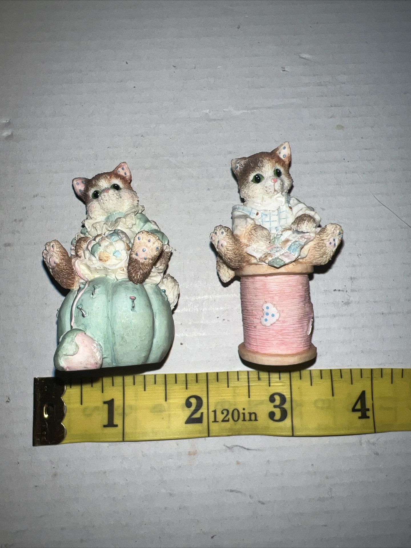Two Enesco Rare Calico kittens Cat on pin cushion thimble And Spool figurines