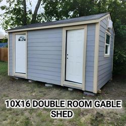10x16 Gable double room shed includes: 2 house doors,2 free shelves, 1 double glass window, division walls, AC opening 