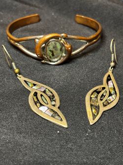 Abalone Inlay Cuff Bracelet and Earrings Set