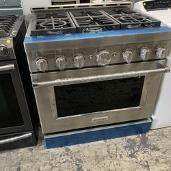 Kitchen Aid 36” Slide In Gas Range In Stainless Steel New Open Box