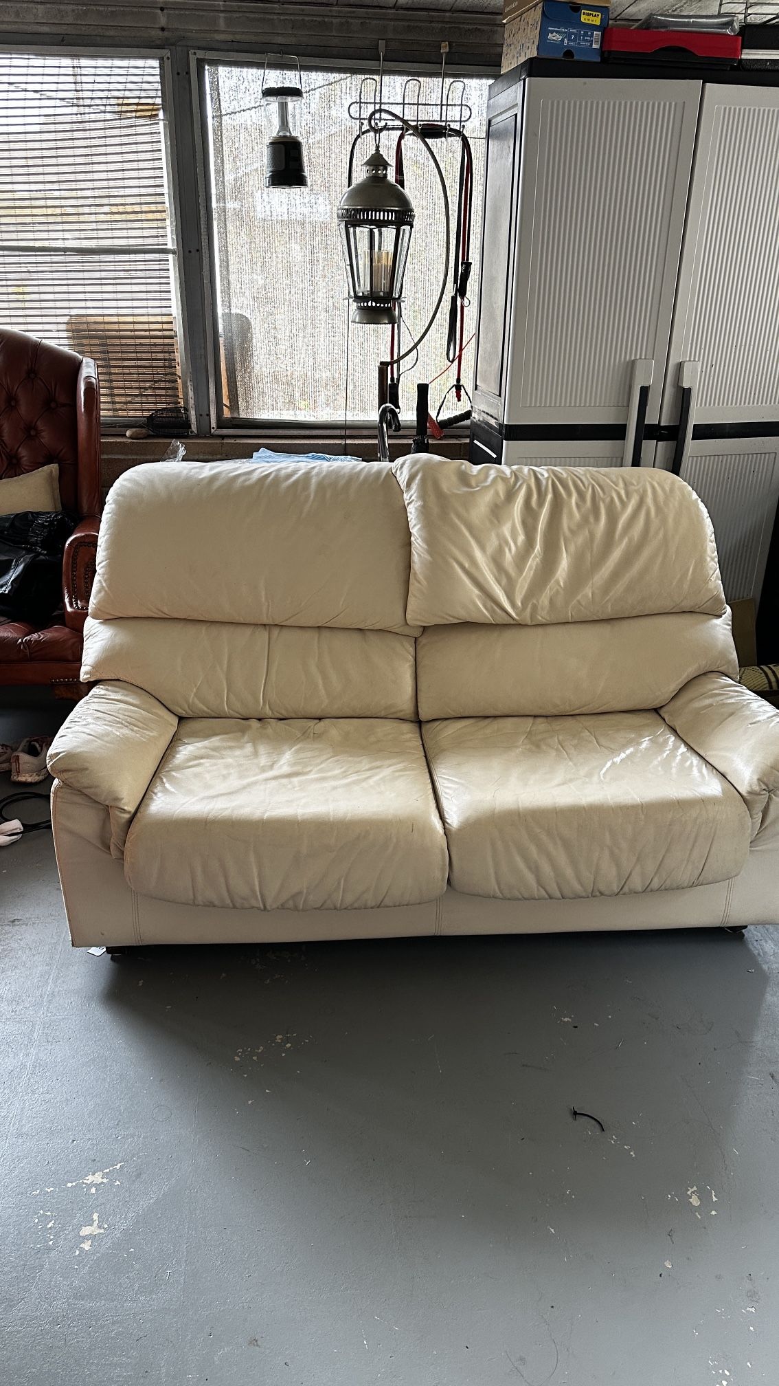Cream Leather Loveseat