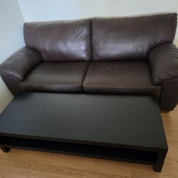 Living Room Set: Brown Leather Sofa + Black TV Stand