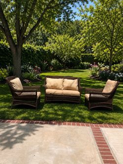 3-Piece Wicker Outdoor Patio Set, 2 chairs with one loveseat seat, cushions are firm, no tears