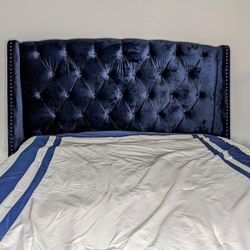 Raven Dark Blue Upholstered Queen Bed Frame – Slats Included (Mattress Not Included)