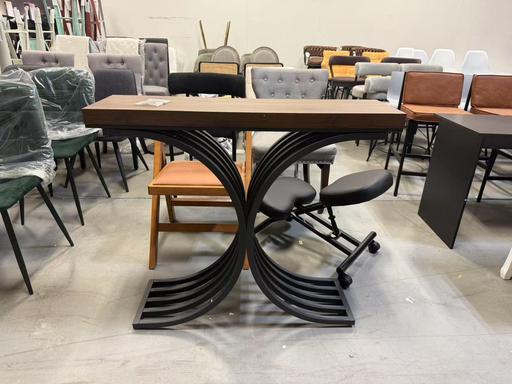 Brand new console table with black metal legs and brown wood top 