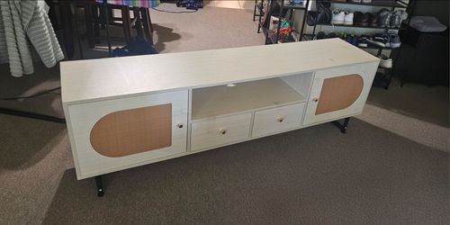 White Wood TV Stand with Rattan Doors