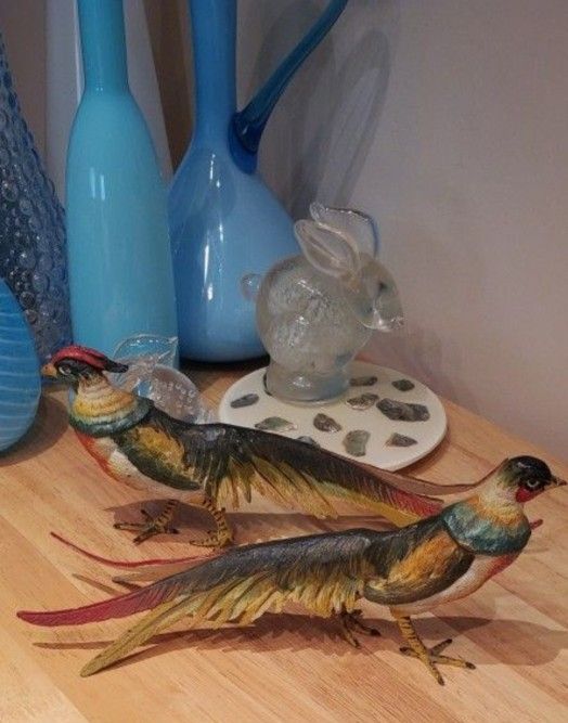 Vintage MCM 1950's Italian Painted Brass Pheasants Figurines