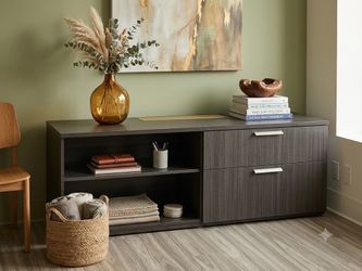 Apex office credenza by Maverick Desk features two open storage shelves and two lateral drawers