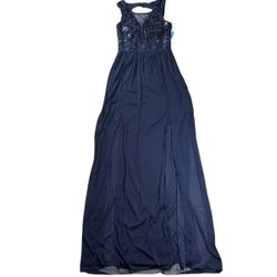 BCX elegant navy blue sequin lace open back evening prom gown NWT size 1