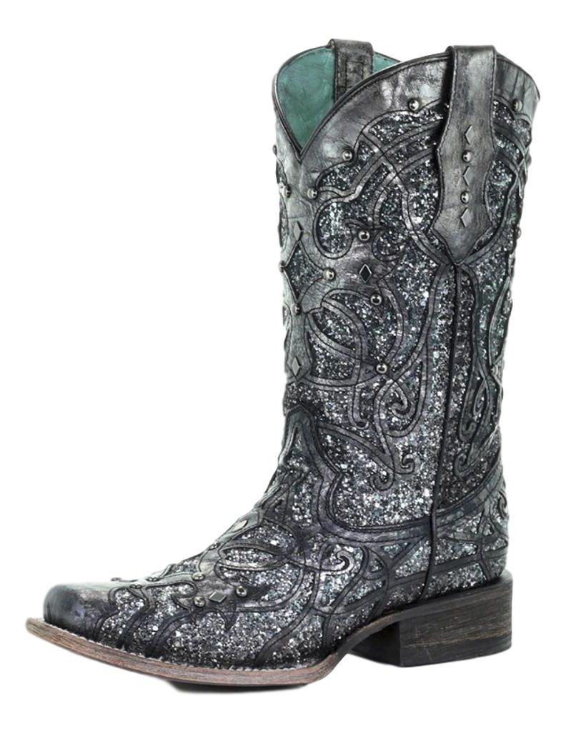 Corral Western Boot Womens Square Glitter Inlay 7.5 M Black Gray C3404