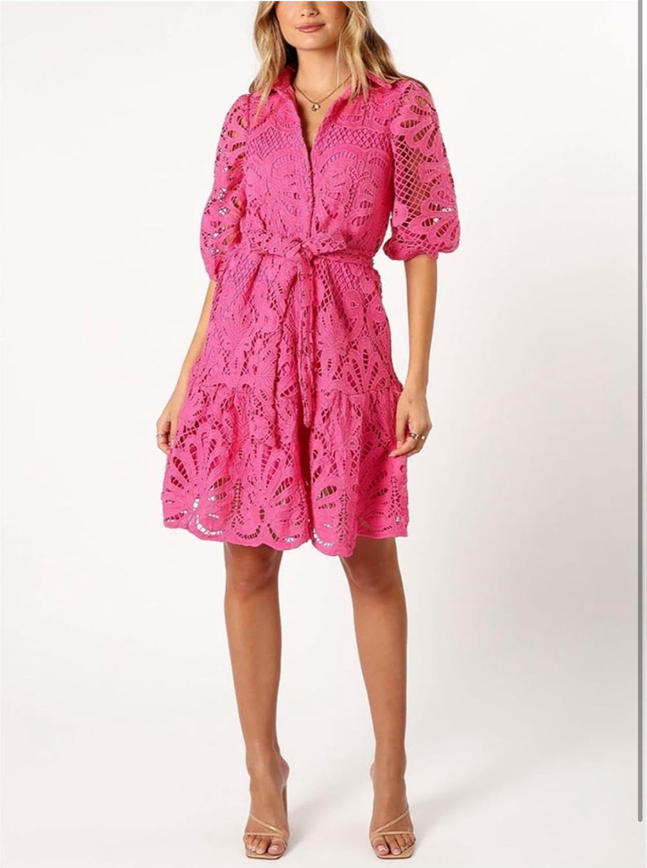 Hollow Out Lace Mini Dress Lantern Sleeve Lapel Button Ruffle Casual Beach Party Dresses