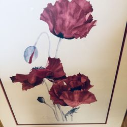 Lyn Snow Watercolor Lithograph Red Poppy 30” Framed  Wall Art