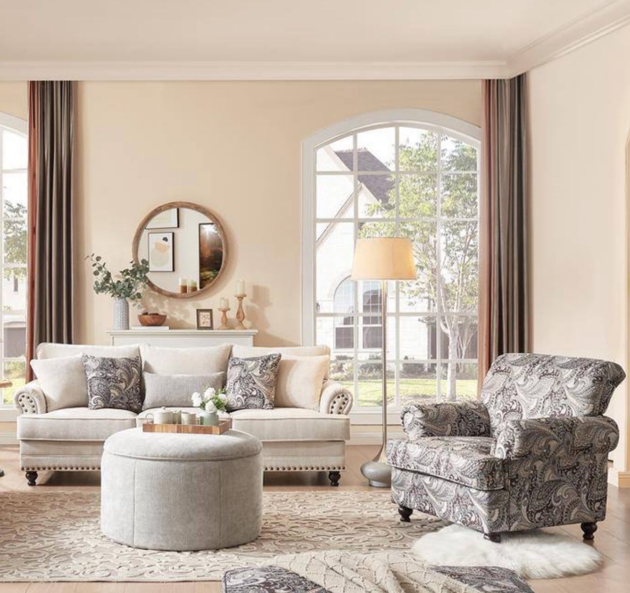 3 Piece Living Room Set, Upholstered Sofa Couch,sofa And Floral Accent Chair And Large Storage Ottoman