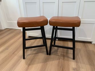 24'' Backless Faux Leather Upholstered Saddle Stool Chair Set of 2. Brown