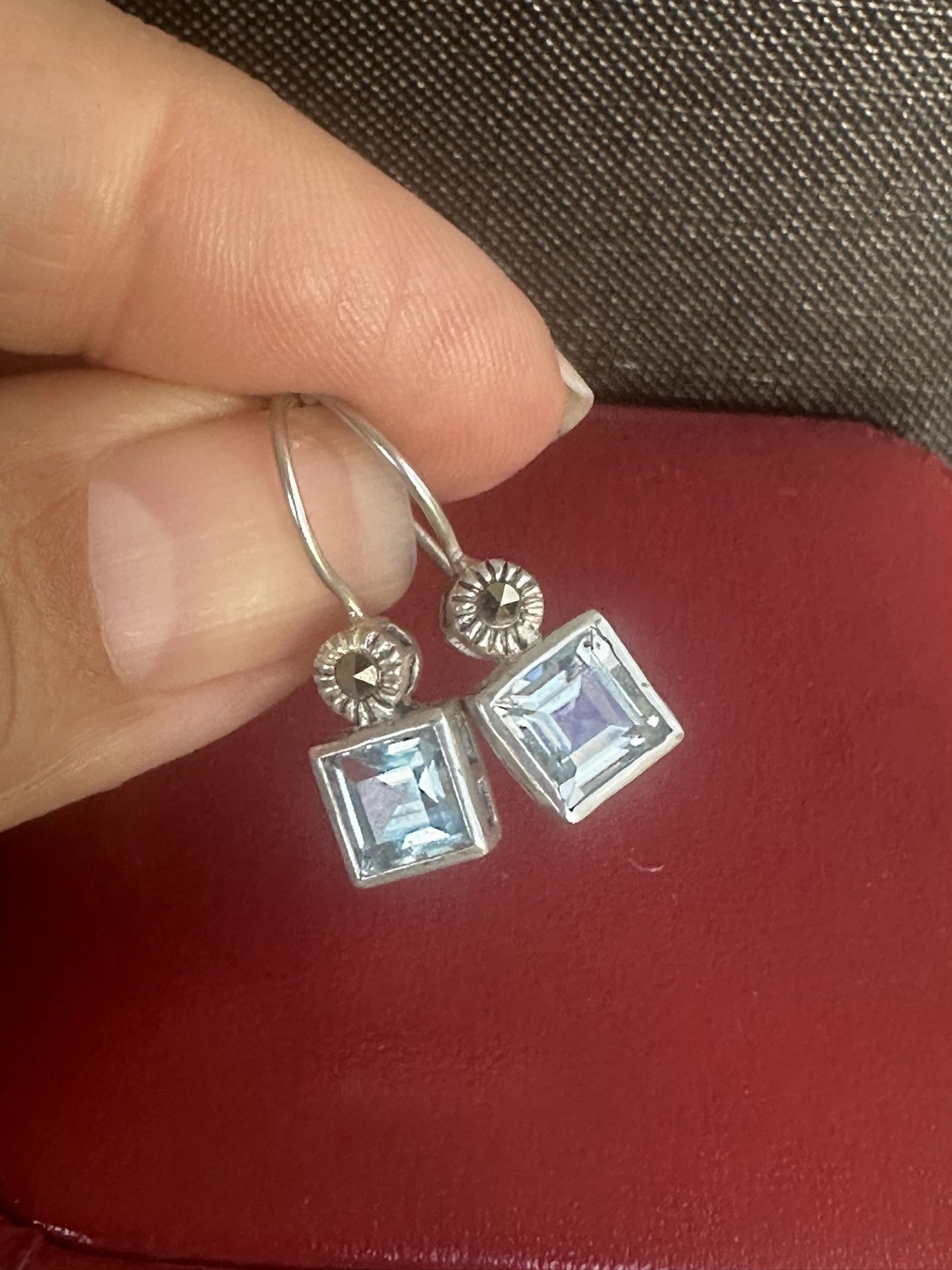 925 Sterling Silver W/ Genuine Blue Topaz And Marcasite Drop Hook Earrings , Marked 925