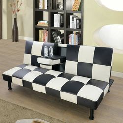 Brand New Checkered Leather Tufted Futon With Drop Down Table & Built In Cup Holders 