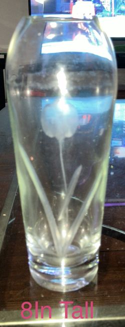 Clear Etched Glass Vase Tulip Flower 8"