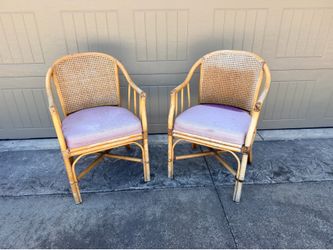 Vintage Rattan Cane Back Armchairs Pair Coastal Tropical Style