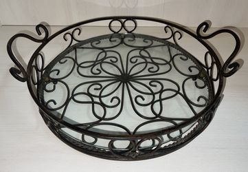 Large 14” Round Wrought Iron Serving Tray with Glass Base Removable