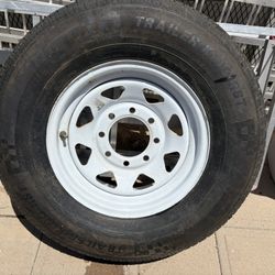 Trailer spare tire eight lug St235/80R/16 R load range E. Trailer King RST. Only used one time when we had a flat. Location 24th St. in Bell Road.