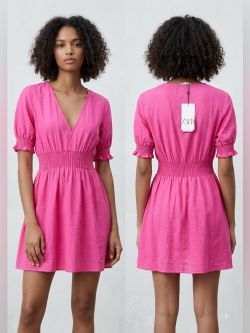 Zara Hot Pink V-Neck Smocked Waist Mini Dress