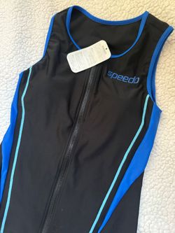 Speedo Women's Fitness Swim Top Zip Front Tank M JASPO Black Blue Aqua NWT SD56Z