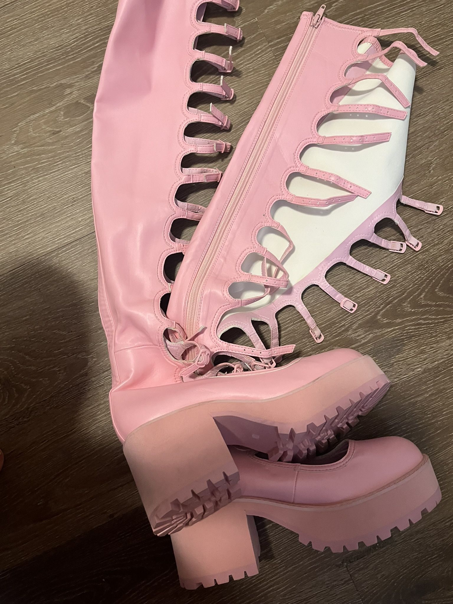 Sugar Thrillz Dollskill Platform Thigh High Pink Bubble Gum Boots